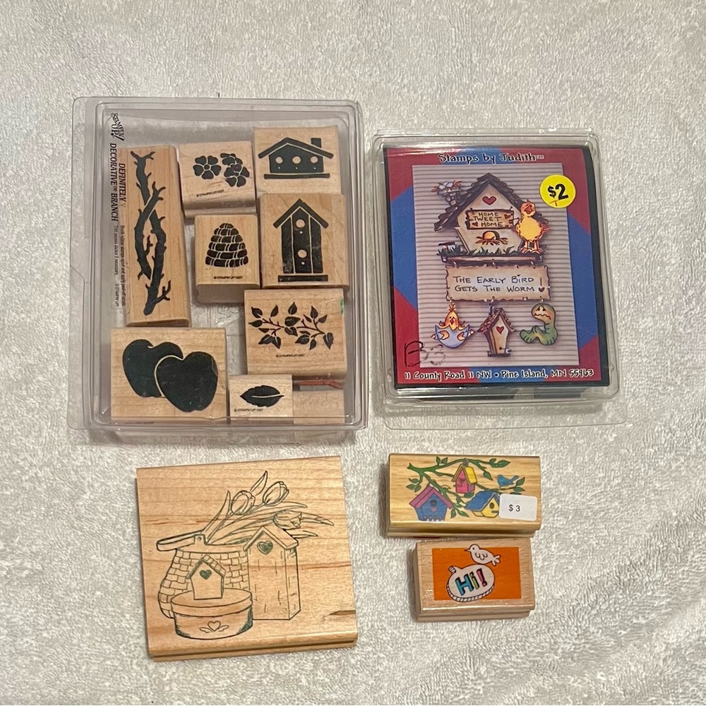 Assorted Bird and Bird Feeder Wooden Rubber Stamps Set